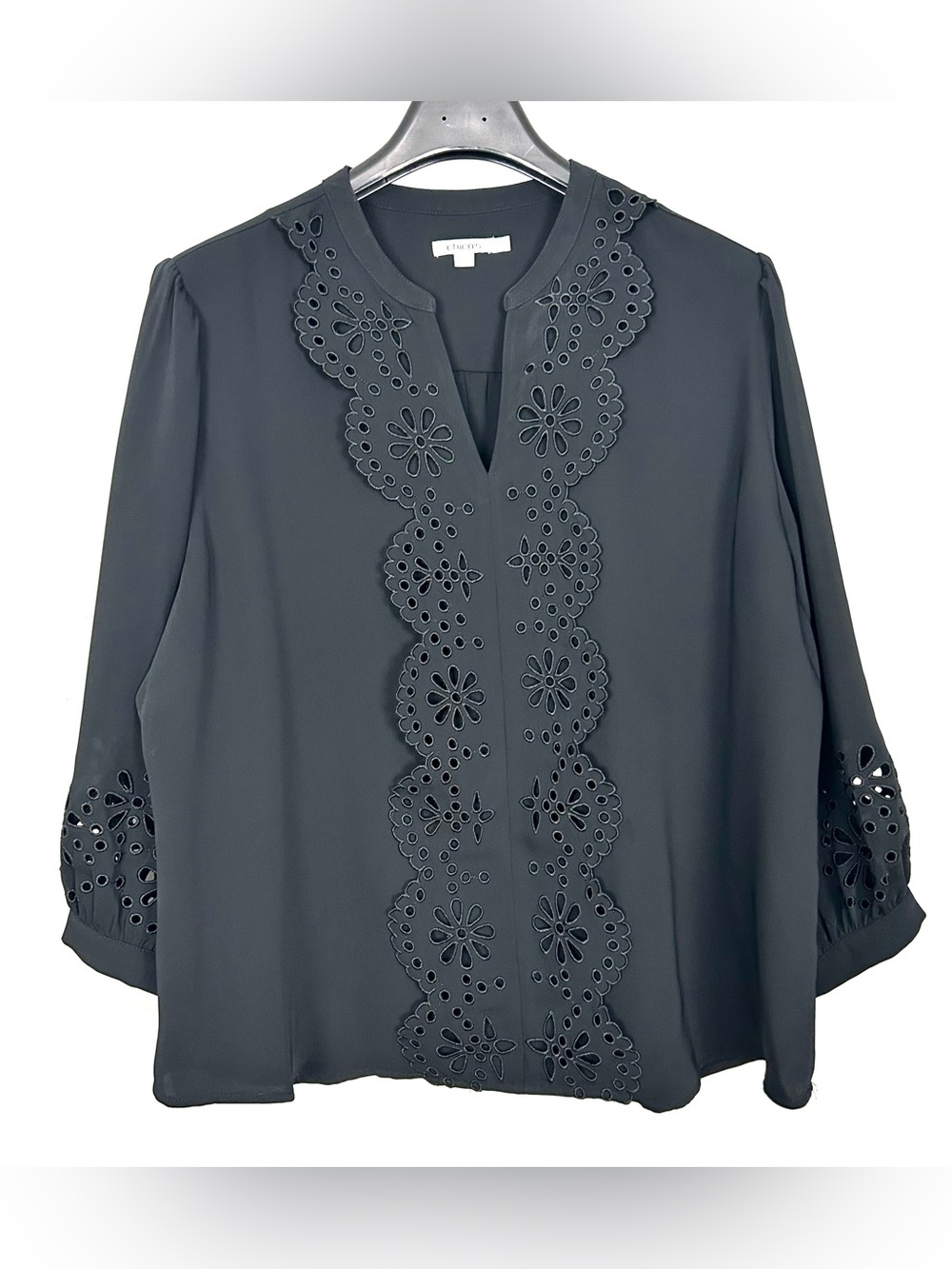 Chico’s Eyelet Trim Peasant Blouse Women’s Size XXL Scalloped Lace Puff Sleeves